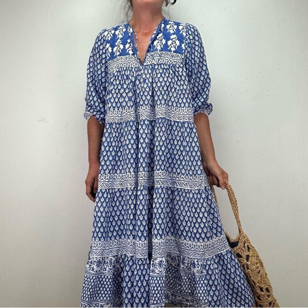 Vintage 70s Indian Cotton Black and White Block Print Dress - Picture 5 of 10